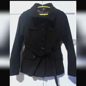 H&M Black Button Down Tie Waist Pea Coat